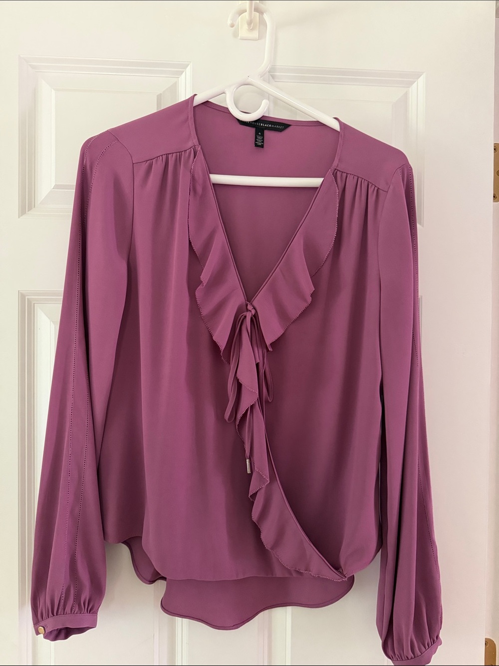 White House Black Market Ruffle Tie-Front Blouse - Mauve pit to pit 20 inches